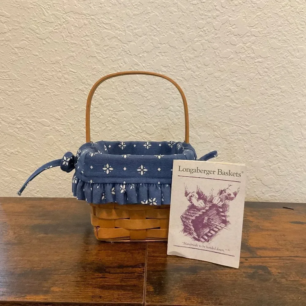 Longaberger Vintage 1996 Small Handwoven Cottagecore Blue White Flowered Basket